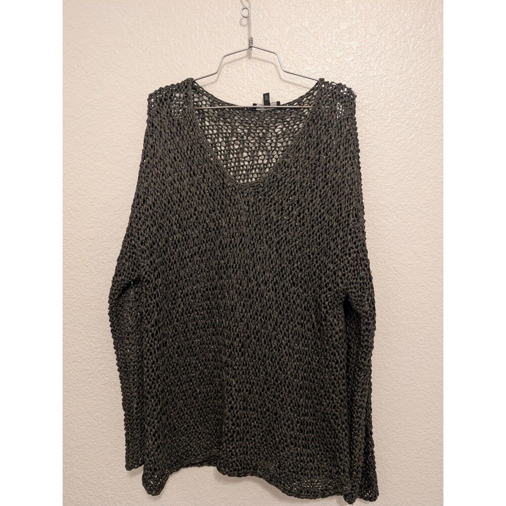 EILEEN FISHER Sweater L Viscose Metallic Tape Yarn V-Neck Pullover Black Gold